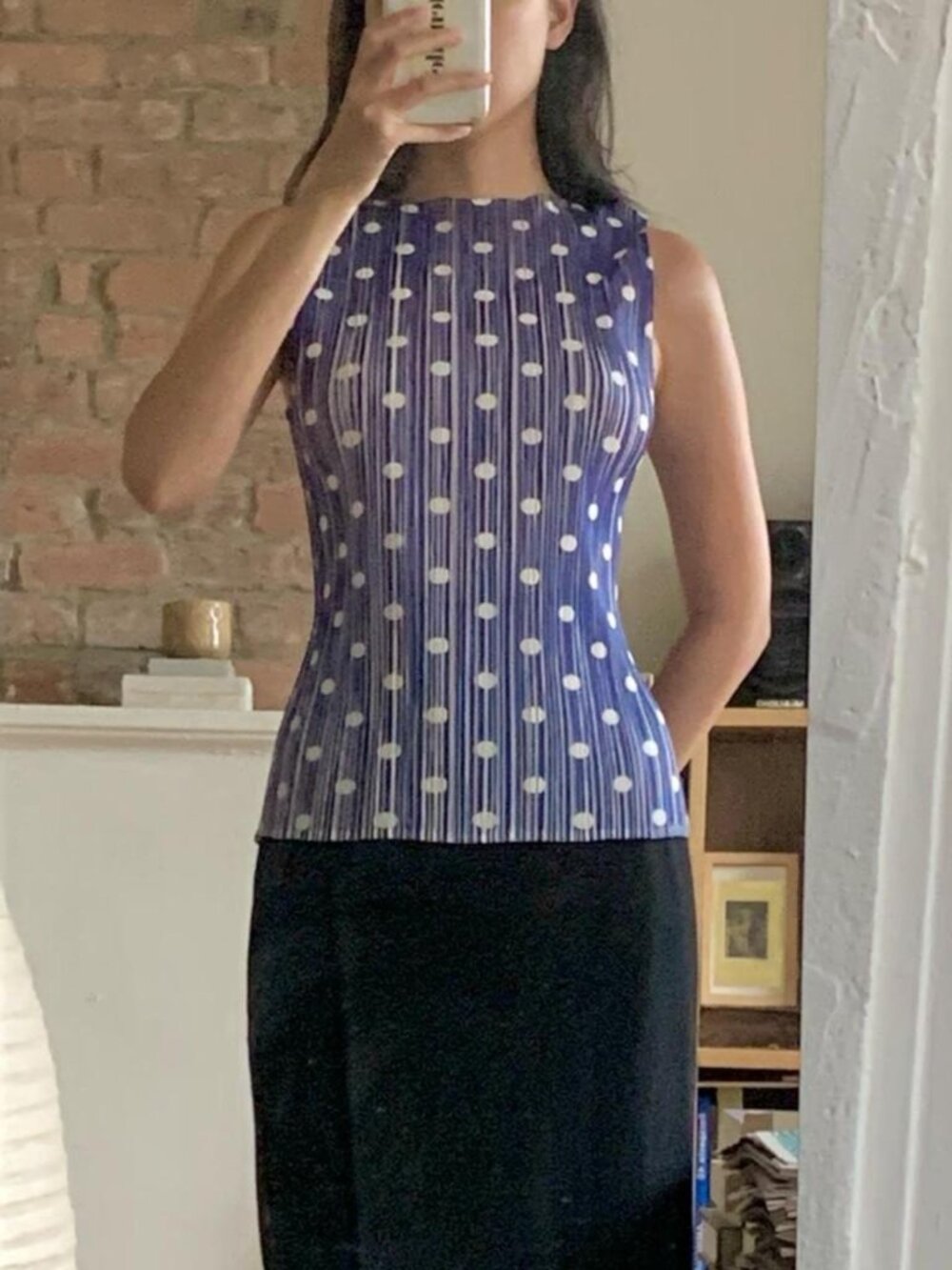 Issey Miyake Pleats Please Polka Dot Sleeveless Top Blue White